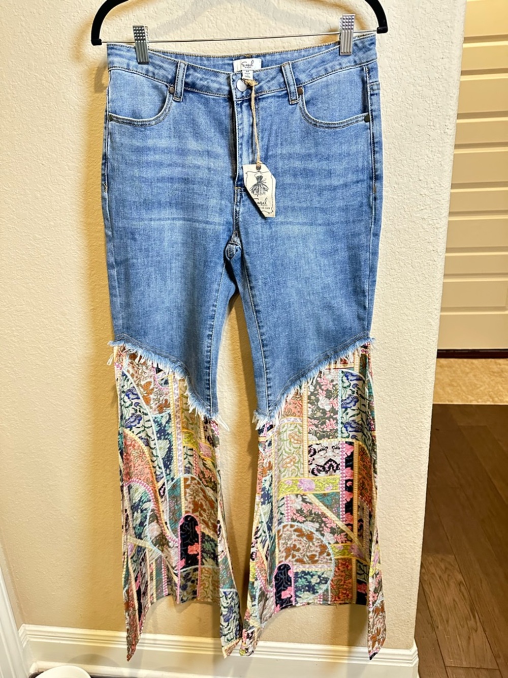 easel Light Blue Denim Flare Jeans with Multicolor Patch Panels